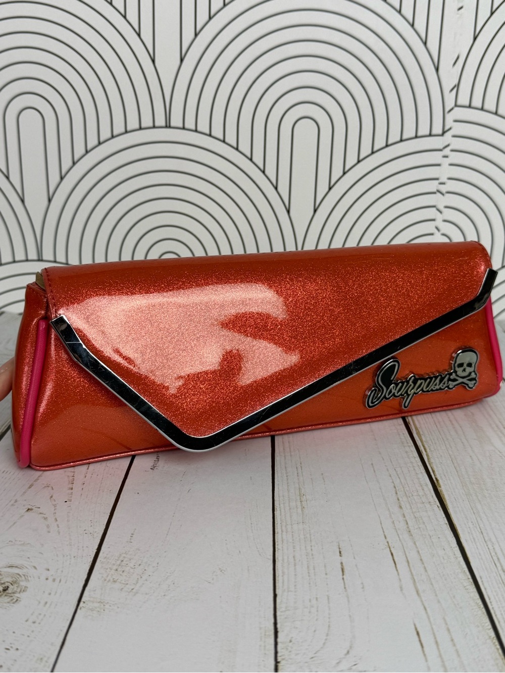Sourpuss Glitter Envelope Clutch in Glitter Pink with Metal Trim